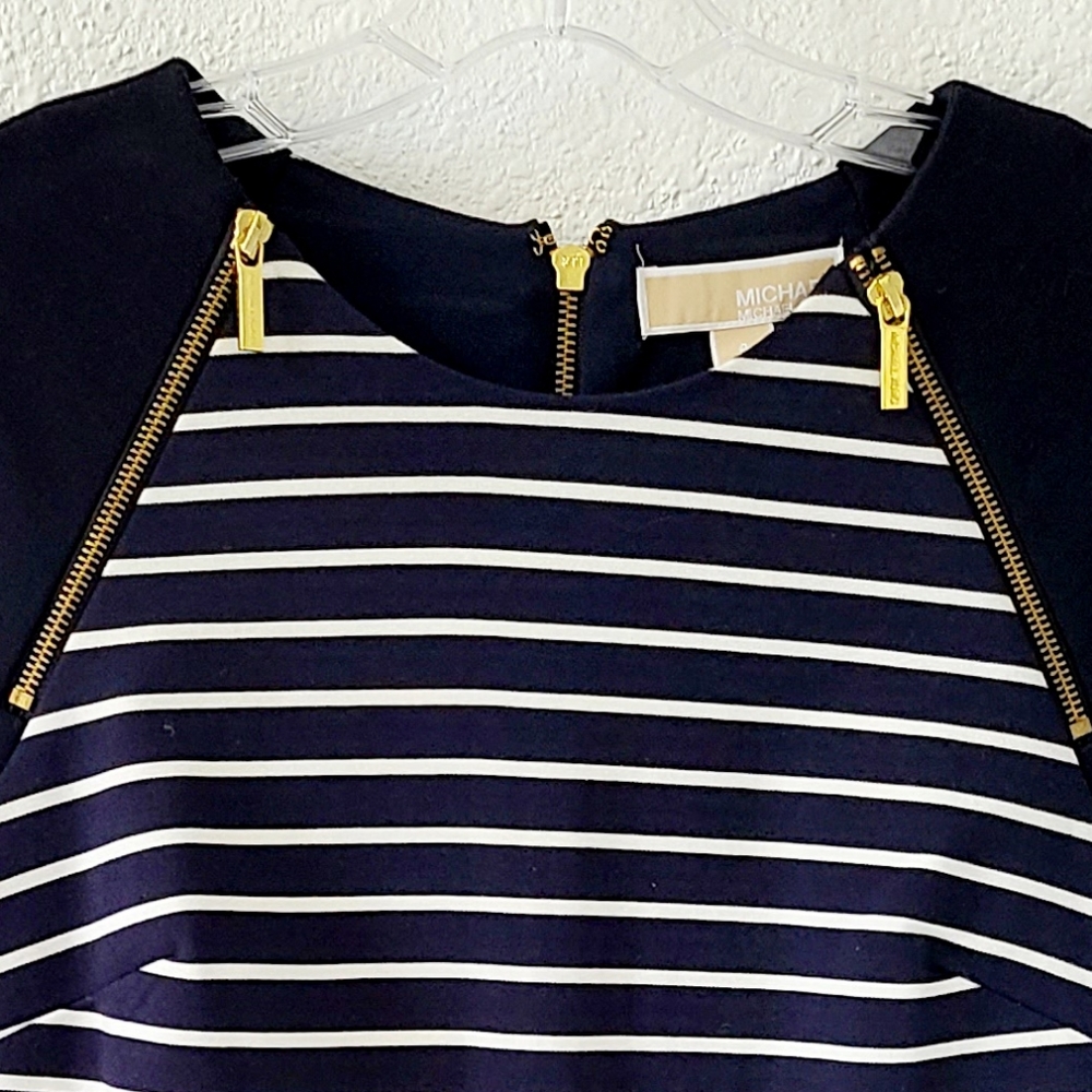 Michael Kors dress navy & white stripes gold zippers NWT